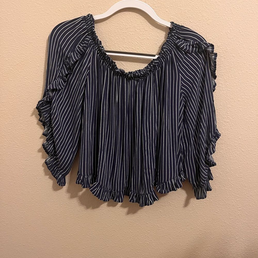 American Eagle Outfitters Navy Striped Peasant Crop Blouse